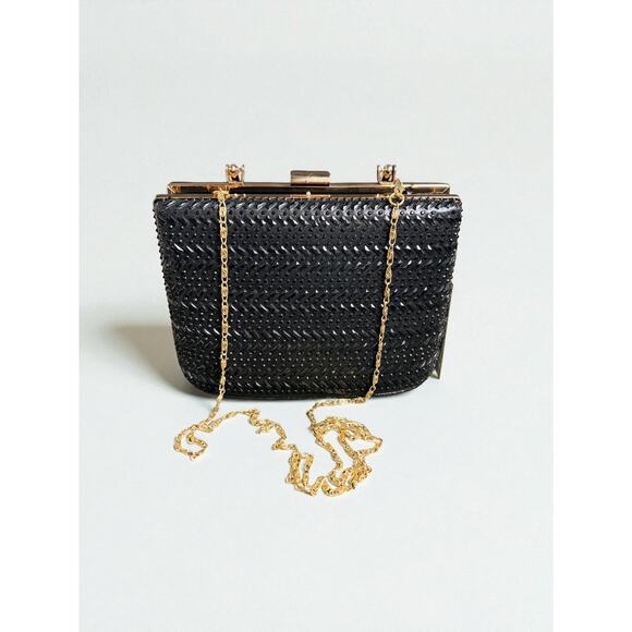 d’margeaux Black Chevron Clutch Purse | Gold Frame Handle Evening Holiday Bag - Picture 3 of 6